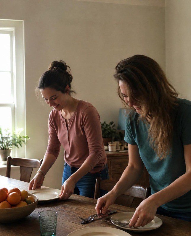 Two young women smiling as they set the dining table together in a sunlit room